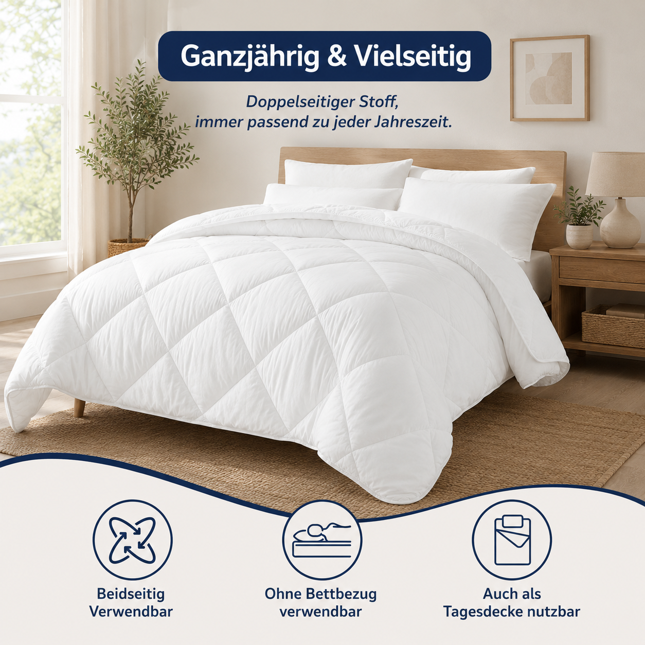 Premium Steppdecke – 4-Jahreszeiten, Doppelseitig, Hypoallergen